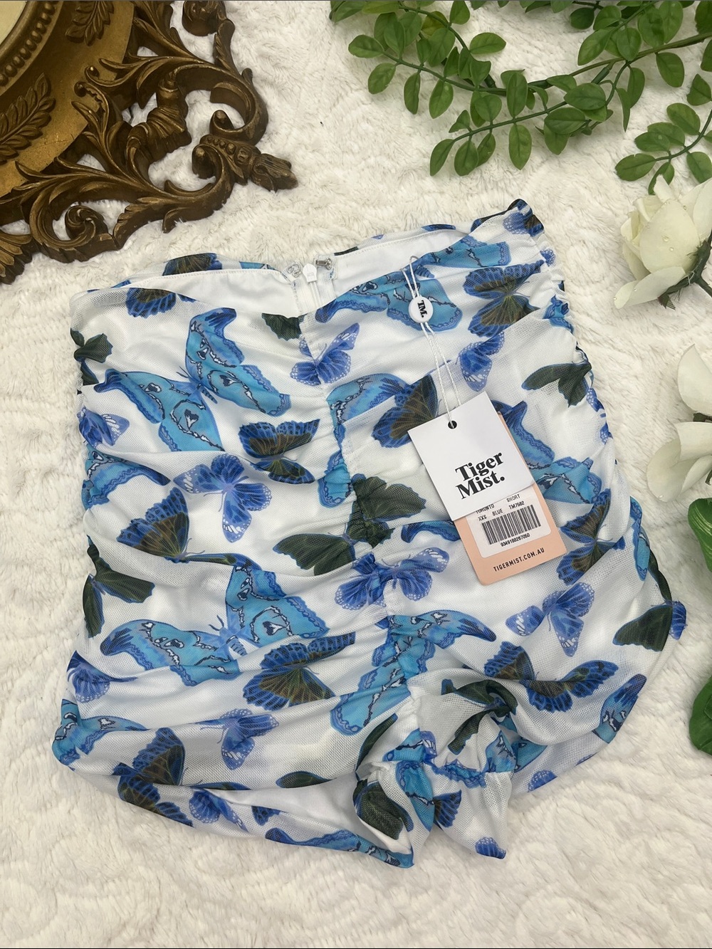 Tiger Mist White & Blue Butterfly Print High Waist Mesh Shorts